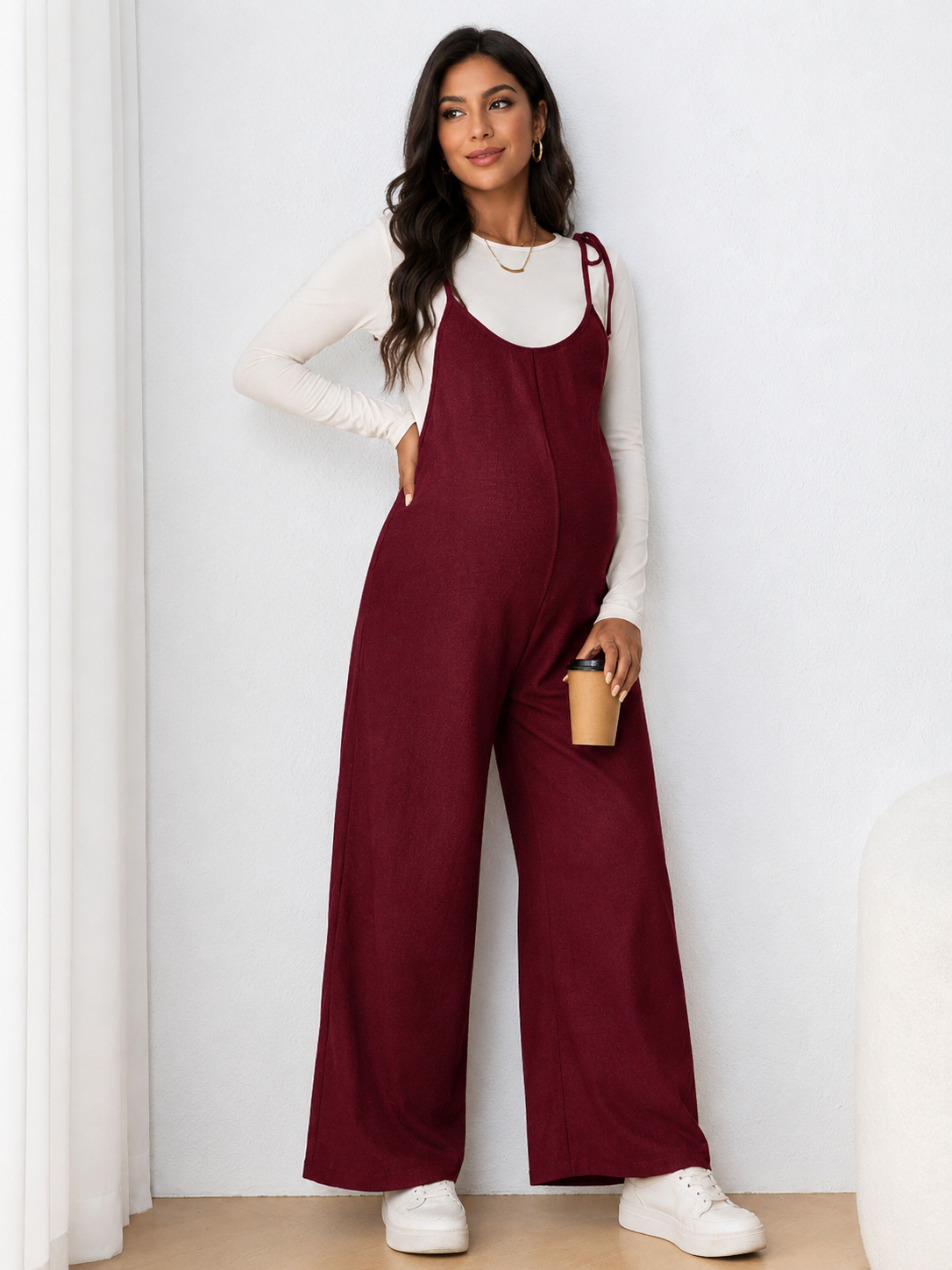Burgundy Wide Leg Maternity Jumpsuit