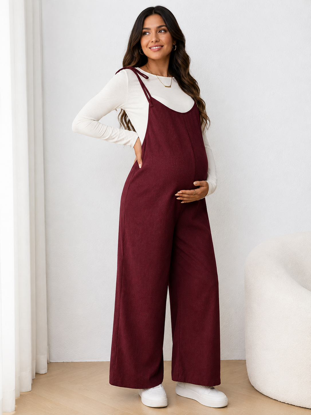 Burgundy Wide Leg Maternity Jumpsuit